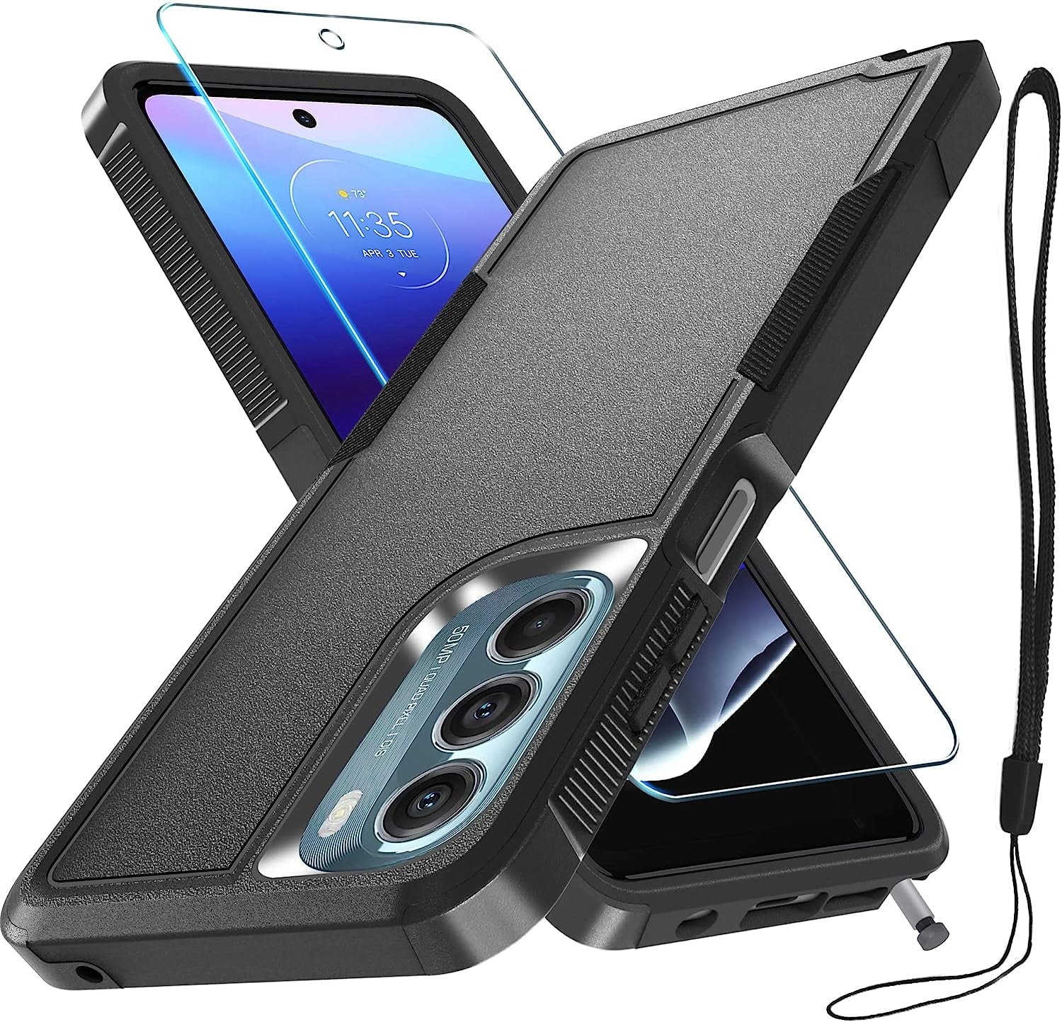 Motorola Moto G Stylus 5G 2022 Case with Tempered Glass Screen Protector,Heavy Duty Rugged Shockproof Full Body Protective Phone Cover,Cute Pink  RMOCR Black Matte  