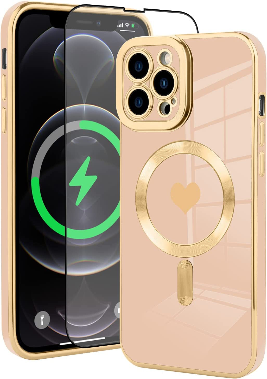 Fiyart Magnetic Case for Iphone 12 Pro Max Compatible with Magsafe Wireless Charging,Cute Love Heart Phone Case with Camera Screen Protector for Women Girls Men for Iphone 12 Pro Max 6.7"- White  Fiyart Pink Love Heart  