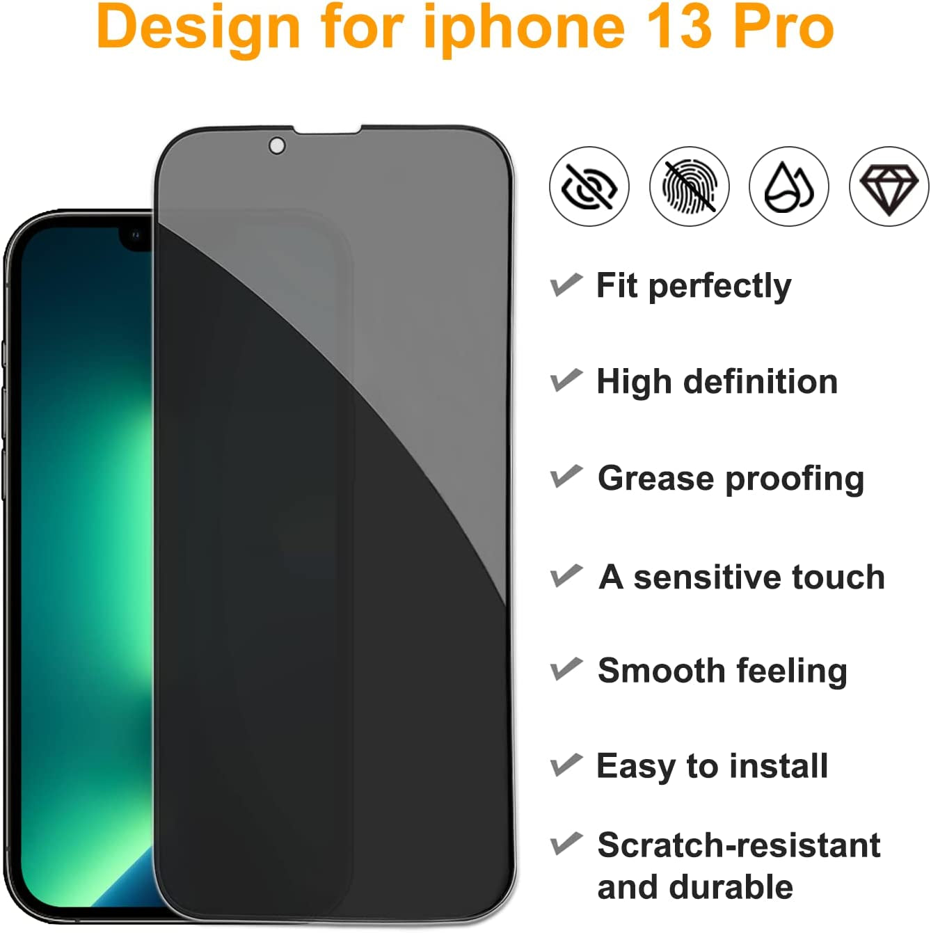 Pehael [2+2 Pack] Iphone 13 Pro Privacy Screen Protector with Camera Lens Protector Full Coverage Anti-Spy Tempered Glass Film 9H Hardness Upgrade Edge Protection Easy Installation Bubble Free [6.1 Inch]  pehael   