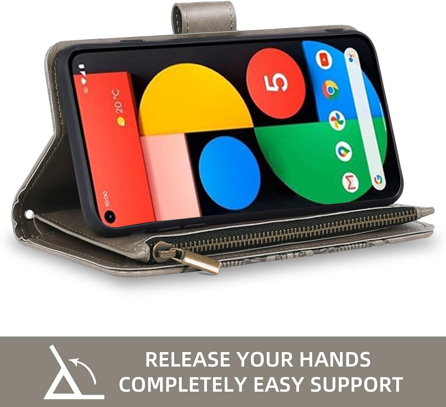 Asuwish Phone Case for Google Pixel 4A 5G 6.2 Wallet Cover with Tempered Glass Screen Protector and Flower Flip Credit Card Holder Stand Cell Pixel4A5G UW Pixel4A 5G Pixle A4 G5 4A5G Women Men Grey  Asuwish   