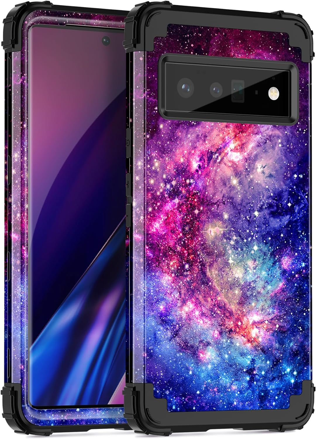 Miqala Compatible with Google Pixel 6 Pro Case,Shiny in the Dark Three Layer Heavy Duty Shockproof Hard Plastic Bumper +Soft Silicone Rubber Protective Case for Google Pixel 6 Pro,Blue Sky  Miqala Red/Purple  