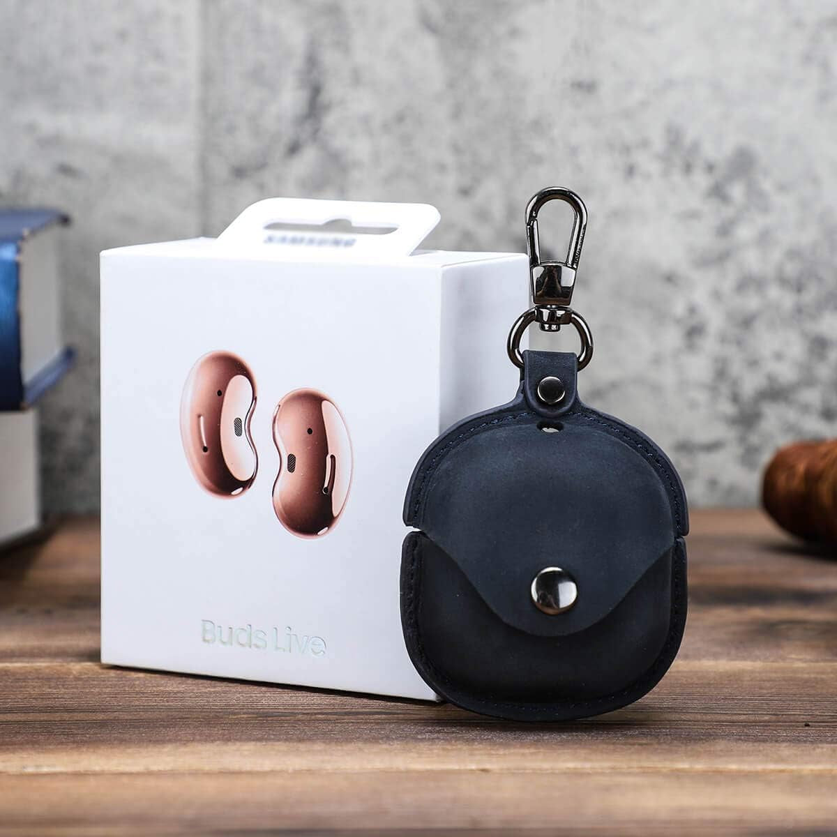 Genuine Leather Case for Galaxy Buds Live,Hiram Crazy Horse Leather Portable Travel Case for Galaxy Buds Live,Headphone Cases for Galaxy Buds Live Charging Case(Blue)  Hiram   