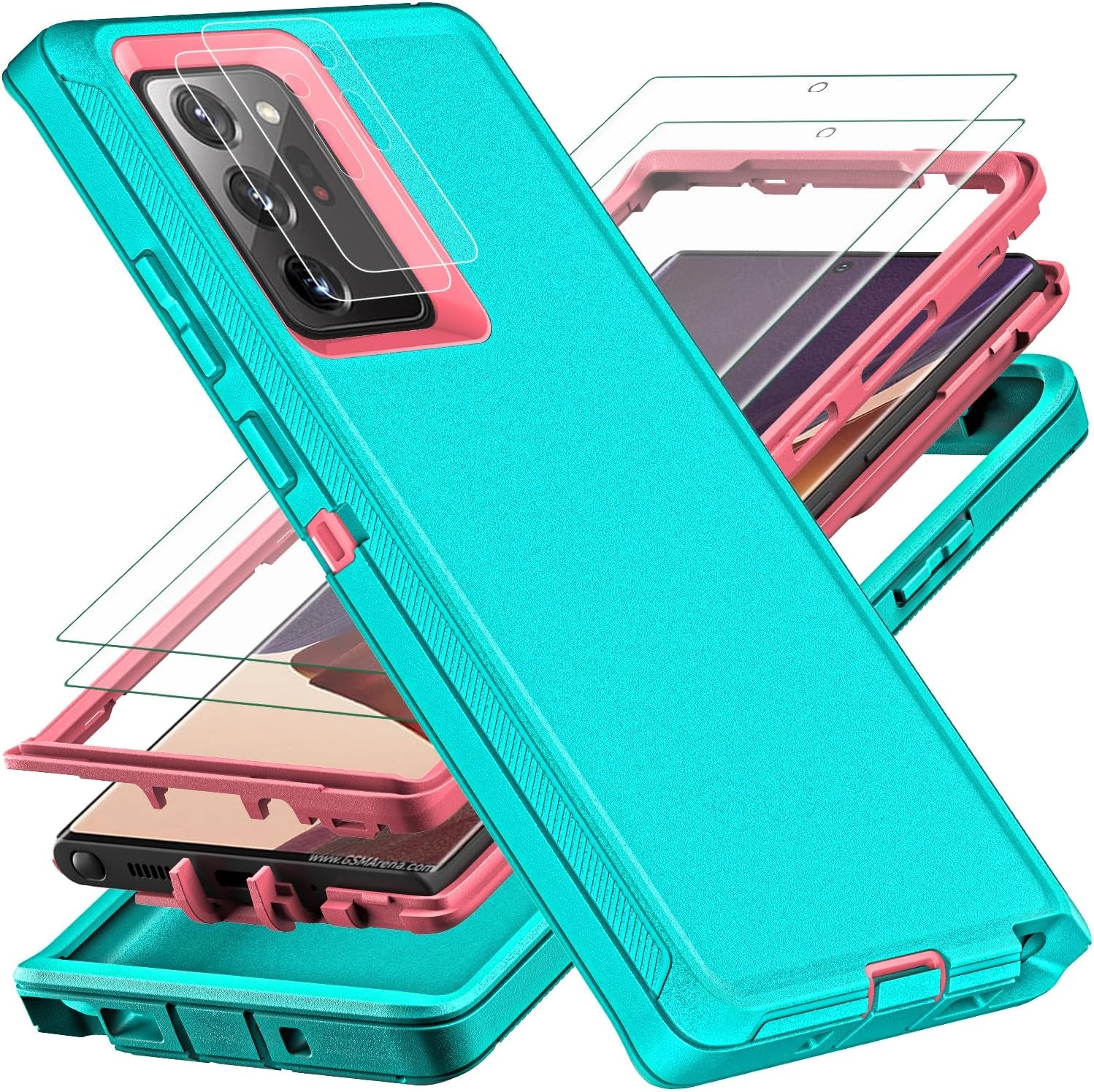YKHJKLEC for Samsung Galaxy Note 20 Ultra Case, with 2Pcs [Self Healing Flexible TPU Screen Protector & Camera Lens Protector] 3 in 1 Heavy Duty Case for Galaxy Note 20 Ultra 5G (Black/Grey)  YKHJKLEC Aqua Blue/Pink  