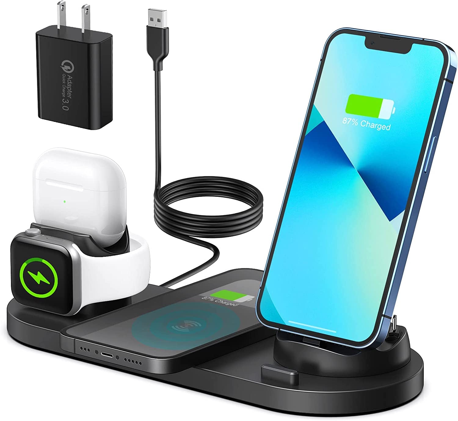 Atrden [Multi-Function Wireless Charging Station] 6 in 1, 15W Fast Wireless Charger for Iphone 14/13/12/11 Series, Iwatch 7/6/5/4/3, Airpods and Smartphones (Black)  Atrden   