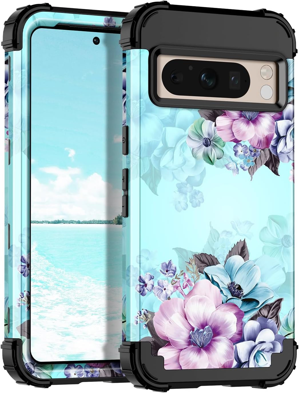 Casetego Compatible with Google Pixel 8 Pro Case,Three Layer Heavy Duty Sturdy Shockproof Full Body Protection Rugged Hard Pc+Soft TPU Bumper Case for Google Pixel 8 Pro 6.7 Inch,Butterfly  Casetego Blue Flower  