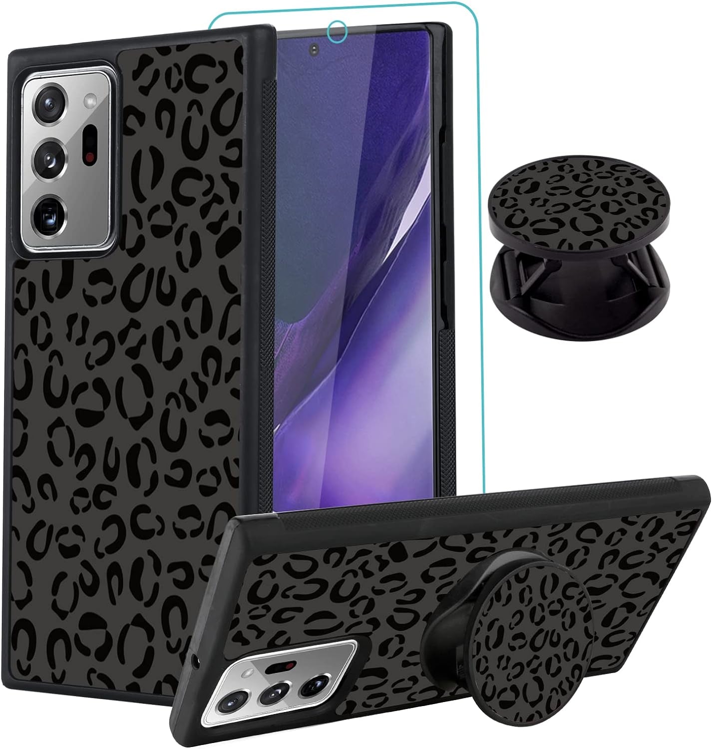 SAKUULO Samsung Galaxy Note 20 Case, [Screen Protector + Kickstand] Black Leopard Cheetah Design, Anti-Slip Shockproof Lightweight Flexible TPU Bumper Protective Case for Galaxy Note 20 6.7 Inch  SAKUULO Samsung Galaxy Note 20 Ultra 5G 6.9  