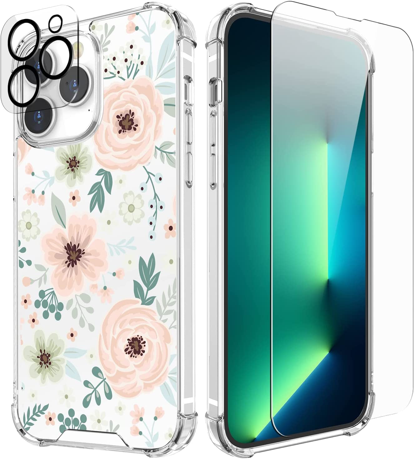 Cutebe [3 in 1 Crystal Phone Case for Iphone 13(2021)/Iphone 14(2022) 6.1", Cute Protective Cover with 9H Temper Glass Screen Protector + HD Temper Camera Lens Protector for Women, Girls  Cutebe iPhone 14 Pro Max-Pink Floral iPhone 14 Pro Max Case 6.7 Inch 