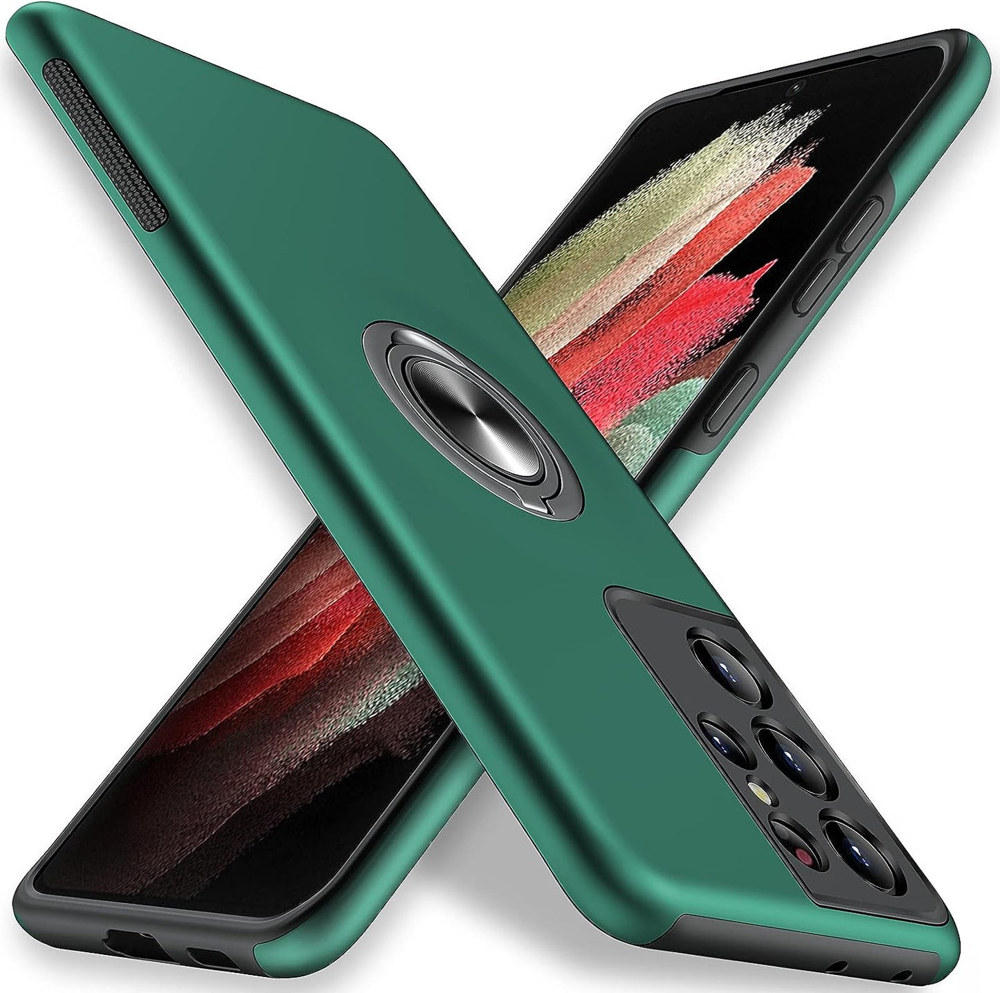 JAME for Samsung Galaxy S21 Ultra Case, [NOT for S21 or S21 Plus], Slim Soft Bumper Protective Case for Samsung S21 Ultra Case, with Invisible Ring Holder Kickstand for Galaxy S21 Ultra Case, Black  XJXIN Green  
