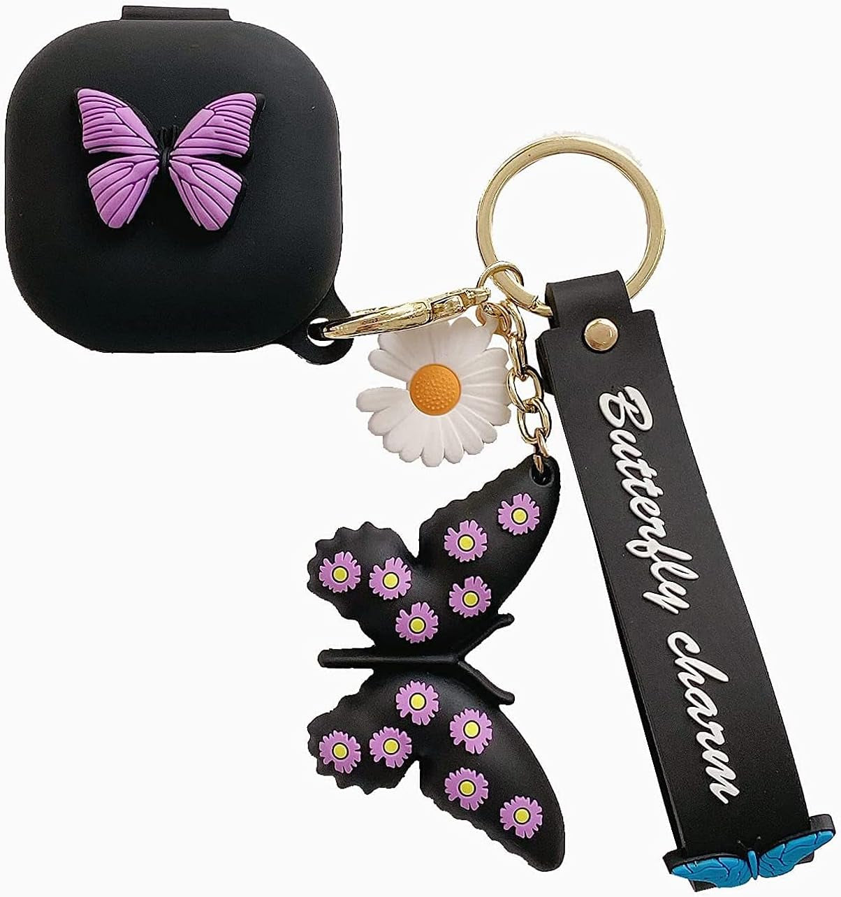 Compatible with Samsung Galaxy Buds Pro/Galaxy Buds Live Case with Butterfly Keychain, Protective Silicone Kids Teens Girls Women Funny Kawaii Fashion 3D Cute Cover for Galaxy Buds Pro/Live - Purple  Moydolo Black Butterfly  