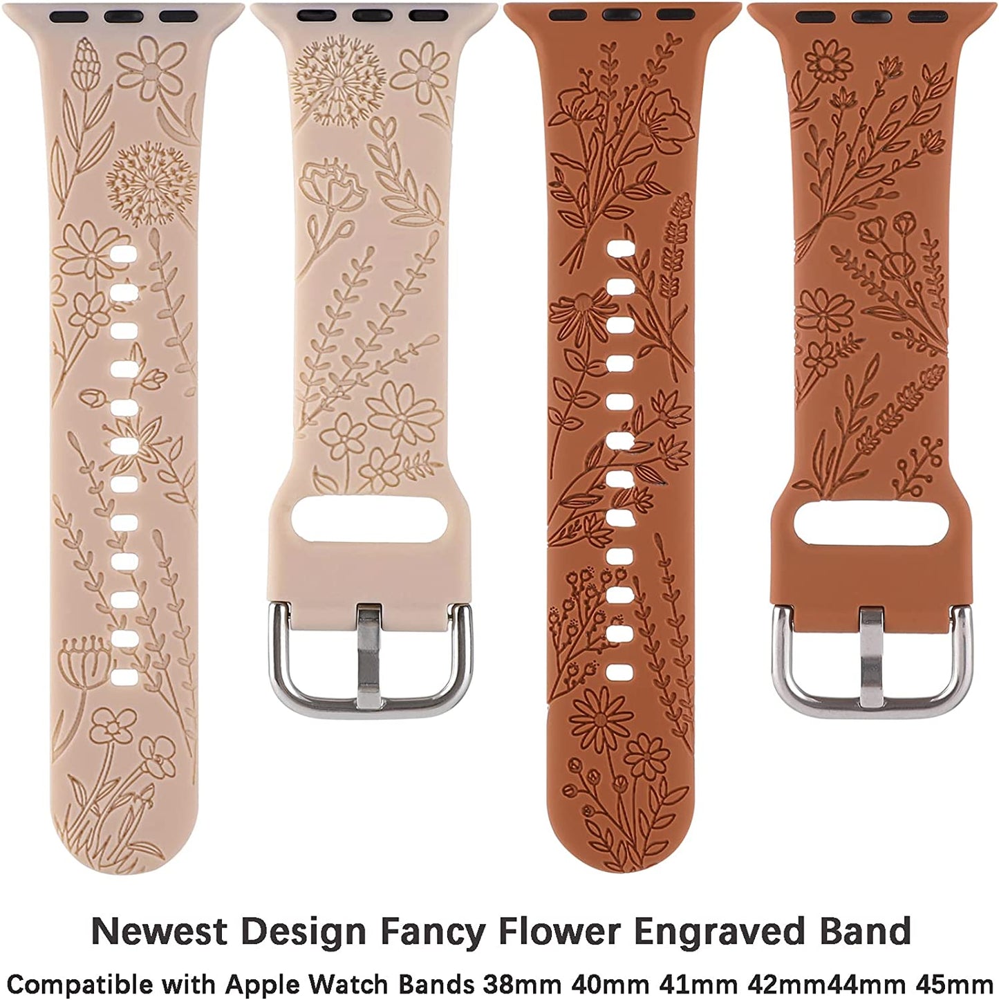 Flower Engraved Silicone Band Compatible with Apple Watch Bands 38Mm 40Mm 41Mm, Cute Women Wildflowers Floral Design Soft Sport Strap Replacement Wristbands for Iwatch Series 8 7/SE/6/5/4/3/2/1  FERJITGR   