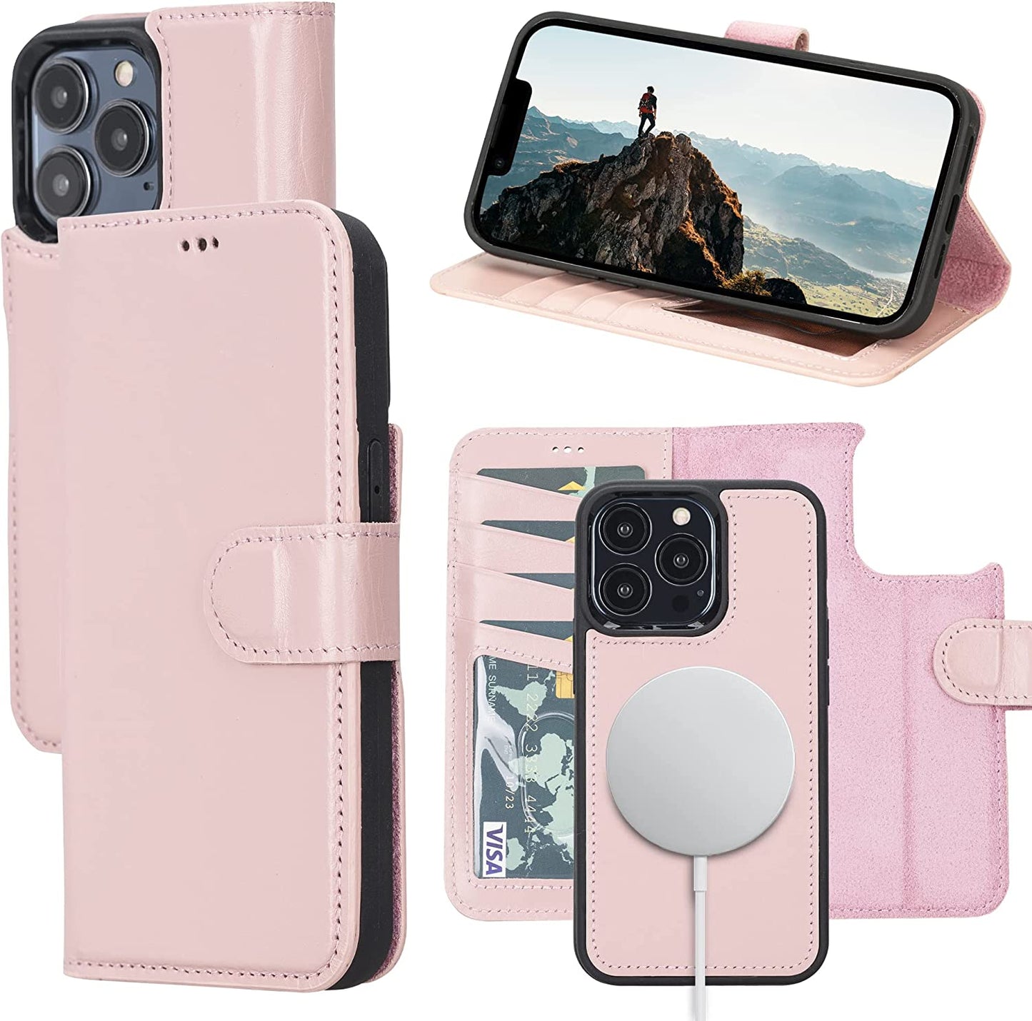 OXA Leather 2-In-1 Wallet Case Compatible with Iphone 14 Pro Max | Magnetic Detachable | Shockproof | RFID Blocking | Flip Case with Kickstand | Compatible with Magsafe | - Purple  OXA Pink iPhone 14 Pro 