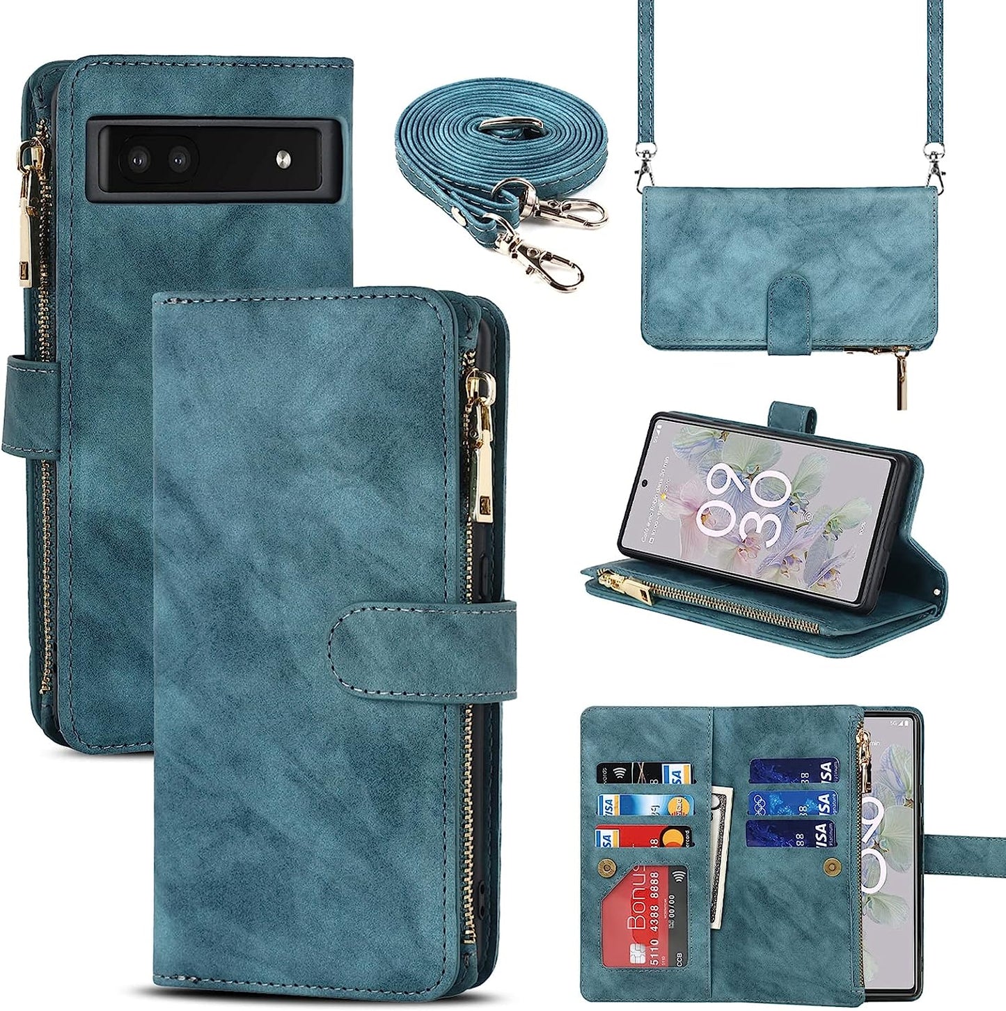 Jaorty Google Pixel 6A Case for Women with Card Holder 6.1" 5G 2022,Google Pixel 6A Phone Case with Strap,Crossbody Lanyard Cases with Credit Card Slots with Stand,Burgundy  Jaorty Blue  