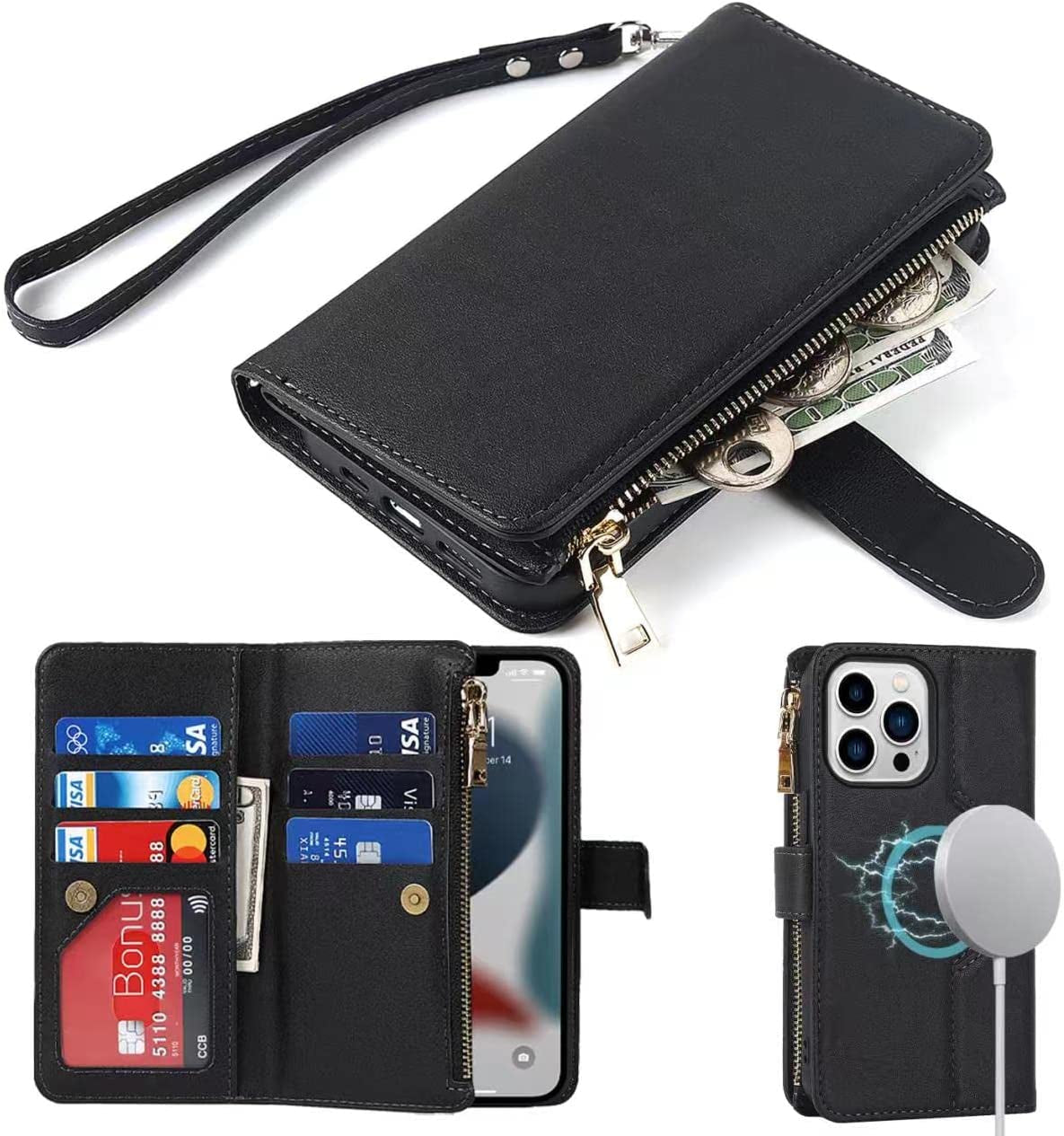 Ｈａｖａｙａ Iphone 13 Pro Max Case Wallet Magsafe Compatible,Iphone 13 Pro Max Phone Case with Card Holder,Flip Magnetic Zipper Magnetica Wallet Cover for Women Men -Wine Red  Ｈａｖａｙａ Black iPhone 12 pro max 