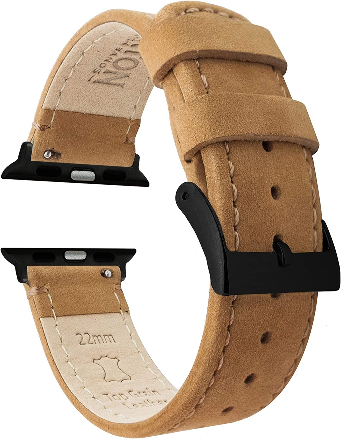 BARTON Top Grain Leather Watch Bands Compatible with All Apple Watch Models - Series 8, 7, 6, 5, 4, 3, 2, 1, SE & Ultra - Size 38Mm, 40Mm, 41Mm, 42Mm, 44Mm, 45Mm or 49Mm  Barton Watch Bands Gingerbread Brown Leather & Stitching (Black Hardware) Large Apple Watch (42mm/44mm/45mm/49mm) 