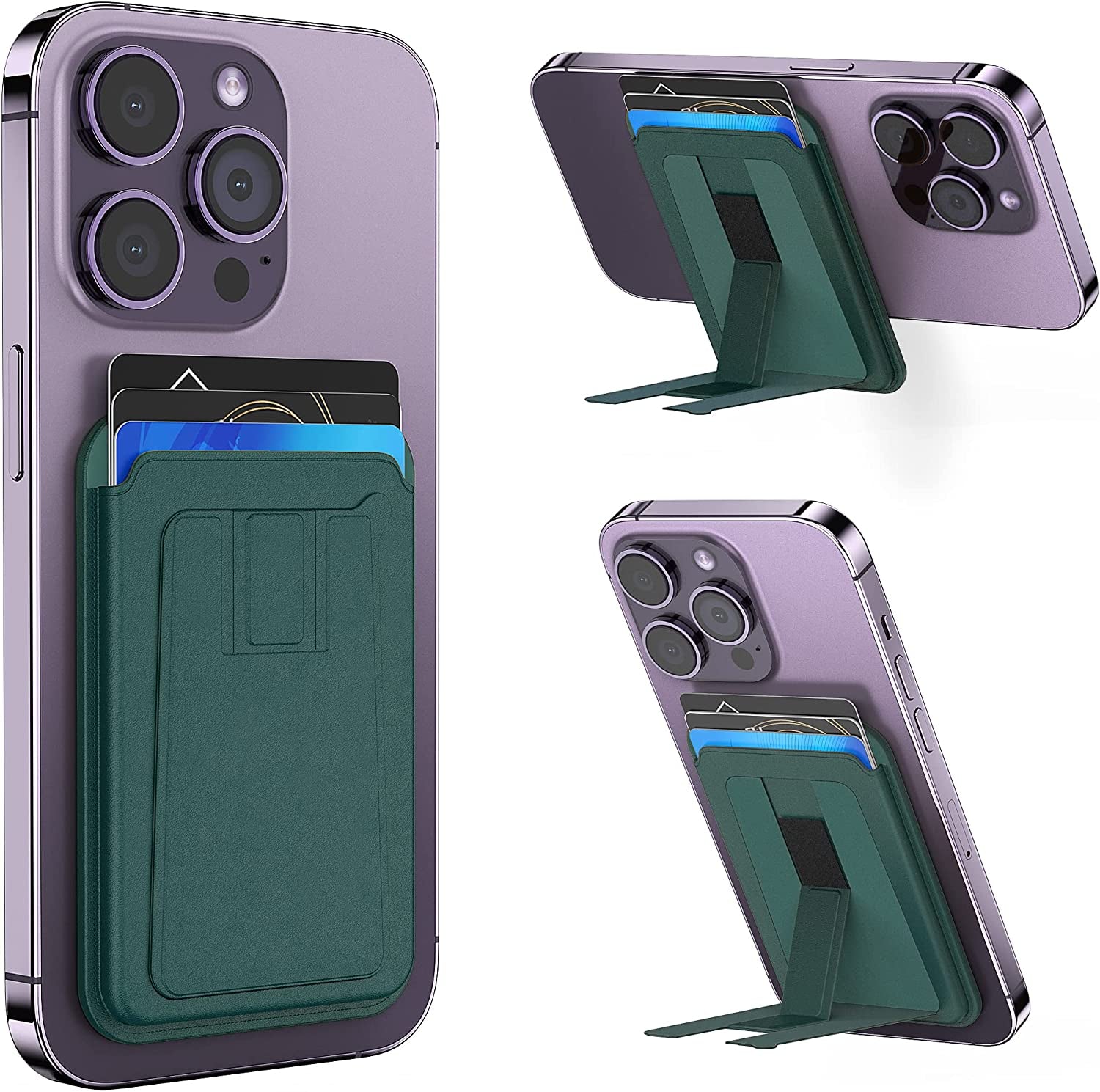 GANSBOL Magnetic Card Wallet Holder for Apple Magsafe,2-In-1 Leather Magsafe Wallet Stand for Iphone 12/13/14 Series,Magsafe Wallet for Back of Iphone,Fit 3-4 Cards,Light Purple  GANSBOL Green  