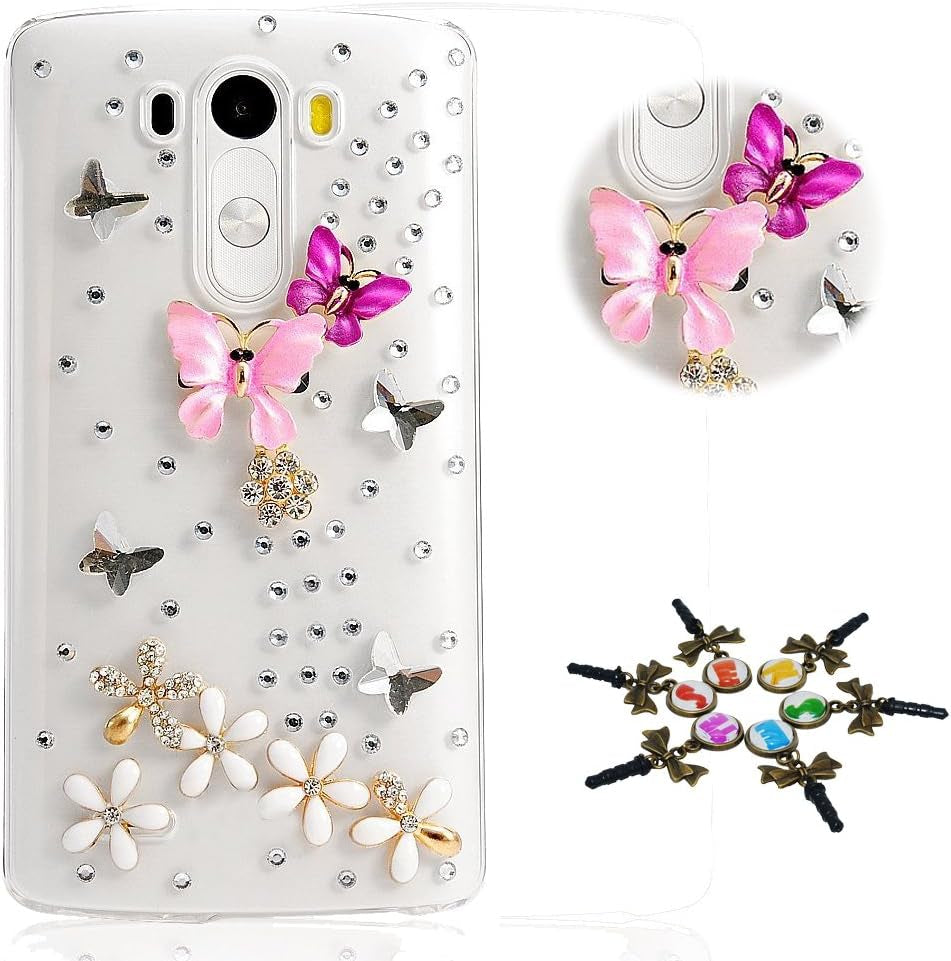 STENES LG G7 Case, LG G7 Thinq Case - STYLISH - 100+ Bling Crystal - 3D Handmade Bling Camellia Flowers Design Protective Cover Case for LG G7 Thinq - White  STENES Dance Butterfly Flowers / Colorful  
