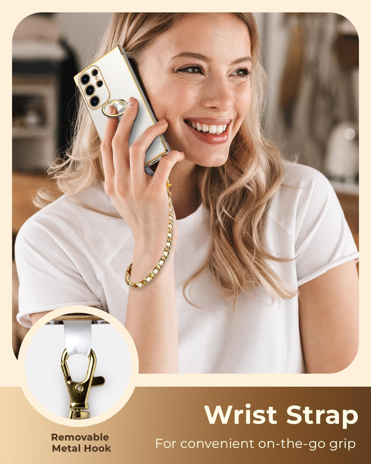 Miss Arts for Samsung Galaxy S22 Ultra Case, Ring Holder Stand Luxury Bling Electroplated Phone Case with Strap, Cute Soft TPU for Samsung S22 Ultra Cover for Women Girls, White  Miss Arts inc   