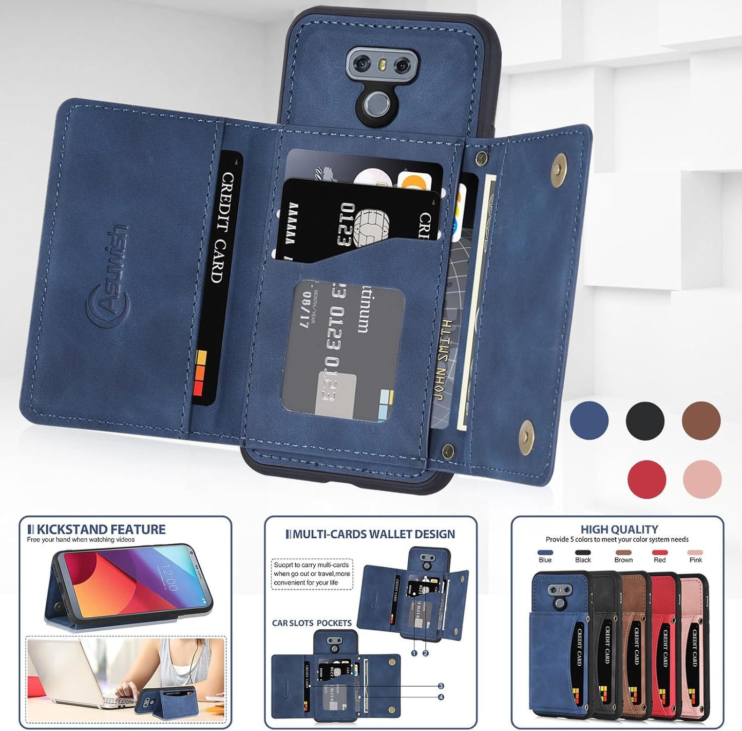 Asuwish Phone Case for LG G6 Wallet Cover with Tempered Glass Screen Protector and PU Leather Credit Card Holder Stand Cell Accessories LGG6 Thinq LG6 Thin Q G 6 plus G6+ 6G VS988 H872 Women Men Blue  Asuwish   