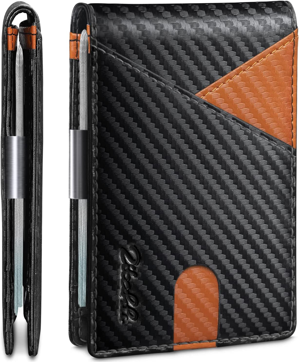 Zitahli Wallet for Men - with Money Clip Slim Leather Slots Credit Card Holder RFID Blocking Bifold Minimalist Wallets with Gift Box  Zitahli Carbon Black accented Brown  