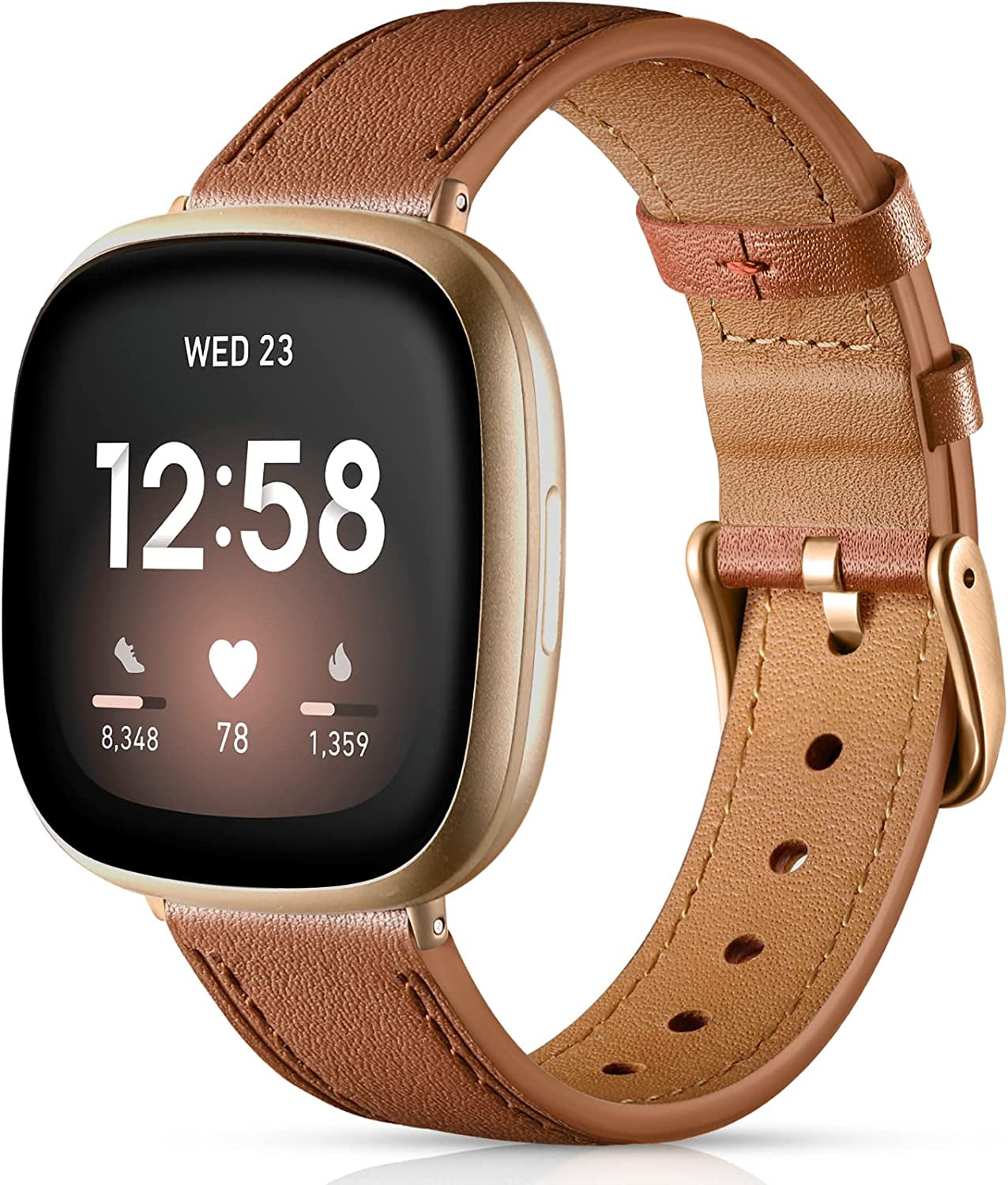 Maledan Compatible with Fitbit Sense/Fitbit Versa 3 Bands for Women Men, Soft Genuine Leather Band Slim Strap Replacement Accessory Wristband for Fitbit Versa 3/Versa 4/Sense 2/Sense Smartwatch, Pink  Maledan Brown  