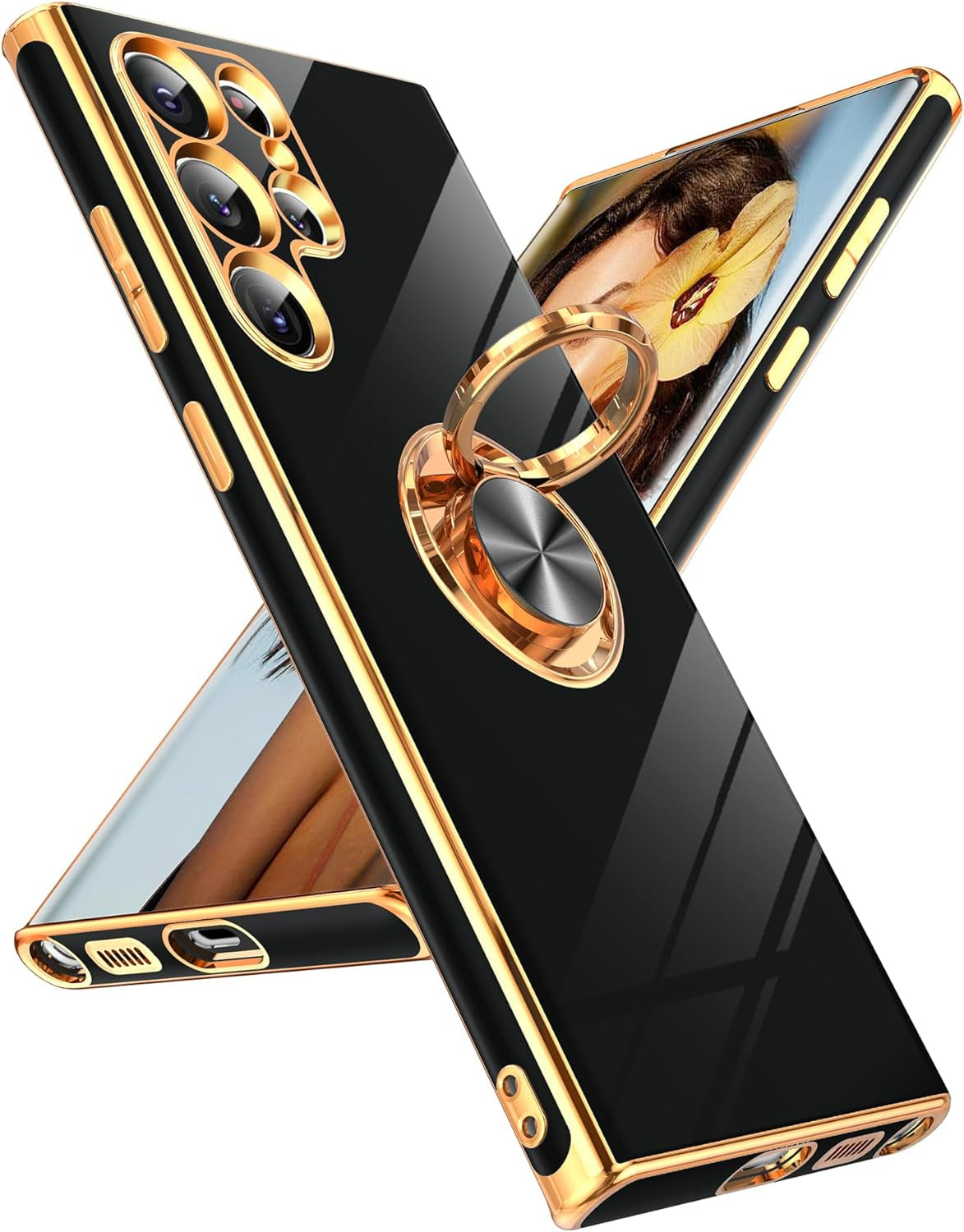 Leyi for Samsung Galaxy S22 plus Case 360° Rotatable Ring Holder Magnetic Kickstand, Plating Rose Gold Edge Protective Galaxy S22 Plus/ S22+ Case, Black  LeYi Black Samsung Galaxy S22 Ultra 