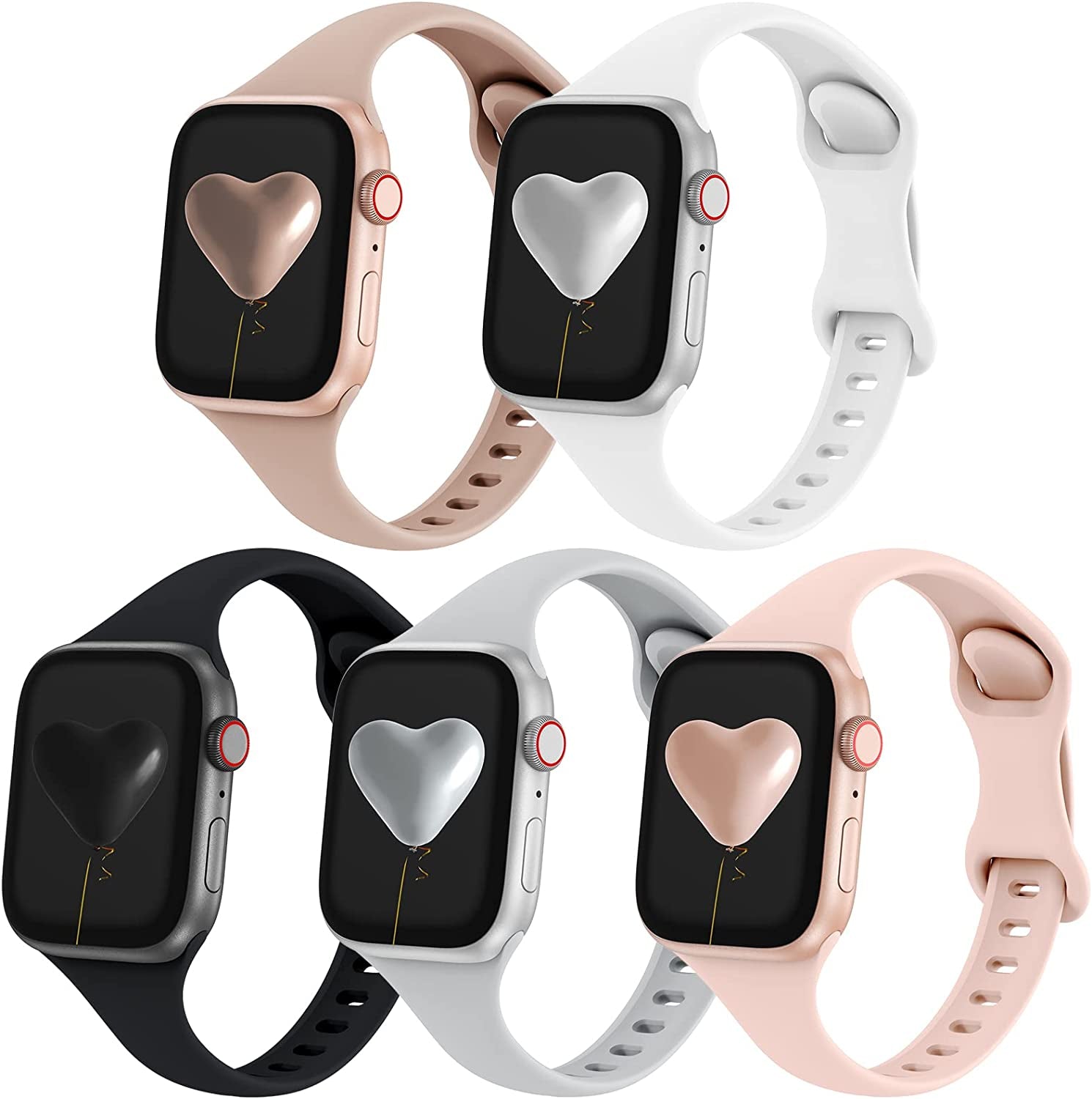 Qrose 5 Pack Bands Compatible with Apple Watch 38Mm 40Mm 41Mm 42Mm 44Mm 45Mm 49Mm, Slim Thin Narrow Replacement Silicone Sport Strap Wristbands for Iwatch Series Ultra 8/7/6/5/4/3/2/1 SE Women Men  QRose Milk Tea/White/Black/Gray/Pink Sand 42mm/44mm/45mm/49mm 