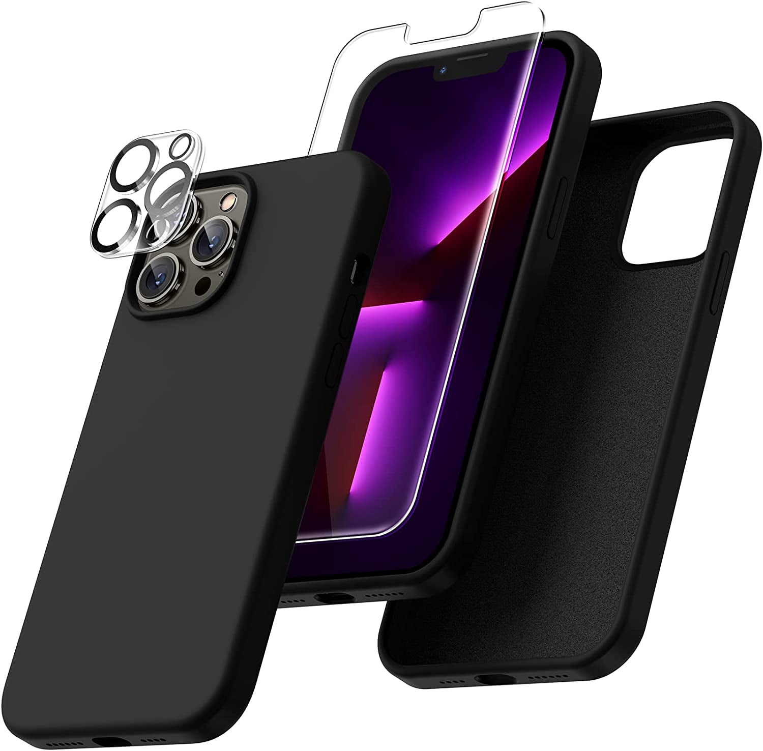 Uyiton [5 In1] Liquid Silicone Iphone 12 PRO Max Case, [Drop Protection] [Full Covered] Shockproof Slim Thin Cover with Microfiber Lining, with 2Xscreen Protector +2Xcamera Lens Protector-Green  Uyiton 13Pm-Black Iphone 13 Pro Max 