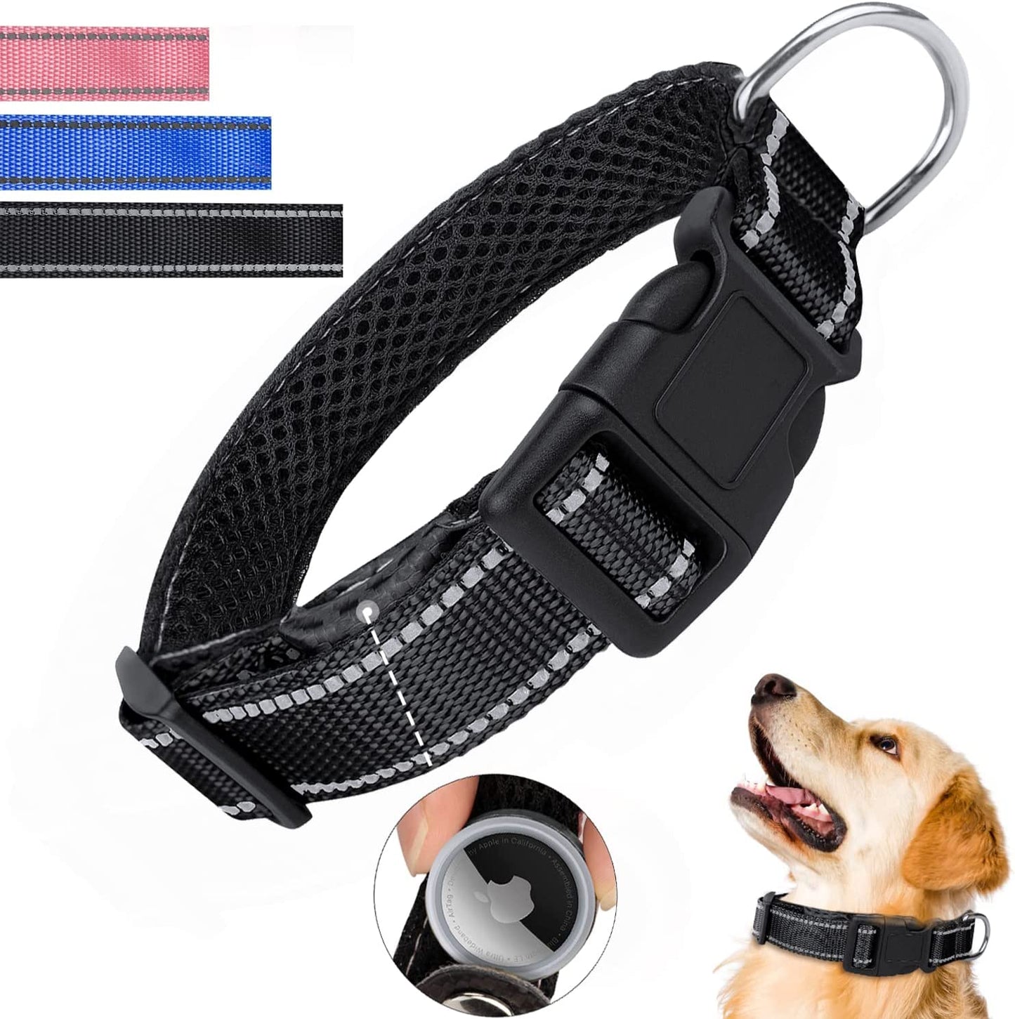 Reflective Airtag Dog Collar, Breathable Black Nylon Dog Collar with Airtag Holder, the Waterproof Dog Collar Airtag, Dog Tracking Collar, Adjustable Airtag Accessories Dog Collar for Medieum Dogs  Simket   