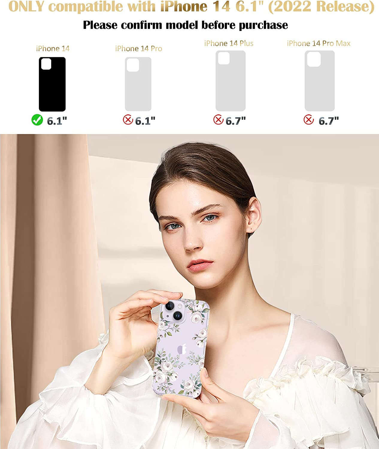 MIODIK Compatible with Iphone 14 Case with Screen Protector + Camera Lens Protector, [Anti-Yellow] Clear Floral Phone Case, Protective Shockproof Cover for Women Girls 6.1 Inch - Camellia/Ivory  MIODIK   