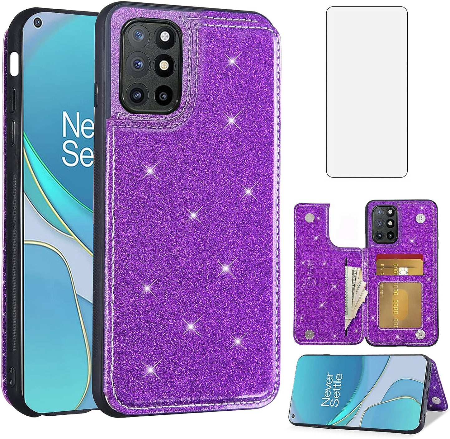 Asuwish Phone Case for Oneplus 8T Oneplus8T plus 9R 5G Wallet Cover with Screen Protector and Card Holder Bling Glitter Cell One Plus8T5G on + 1 plus 8Tplus 1Plus 8T+ One+ T8 1+ 1+8T Pro G5 Black  Asuwish Purple  