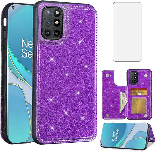Asuwish Phone Case for Oneplus 8T Oneplus8T plus 9R 5G Wallet Cover with Screen Protector and Card Holder Bling Glitter Cell One Plus8T5G on + 1 plus 8Tplus 1Plus 8T+ One+ T8 1+ 1+8T Pro G5 Purple  Asuwish   