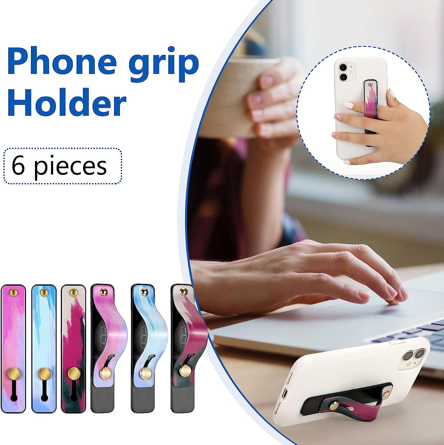 Weewooday 6 Pieces Phone Strap Grip Holder Finger Cell Phone Grip Telescopic Phone Finger Strap Stand Universal Finger Kickstand for Most Smartphones (Dreamy Colors)  Weewooday   