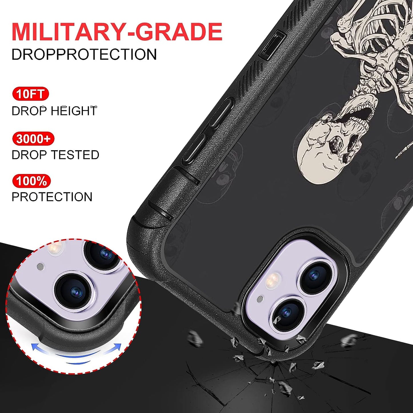 XWMHHP Compatible with Iphone 12 Case Iphone 12 Pro Case Goth Rock Skull Design for Women Girls,3-Layer Rugged Shockproof Hard Plastic Bumper +Soft Silicone Rubber Heavy Duty Case - Gothic Skeleton  XWMHHP   