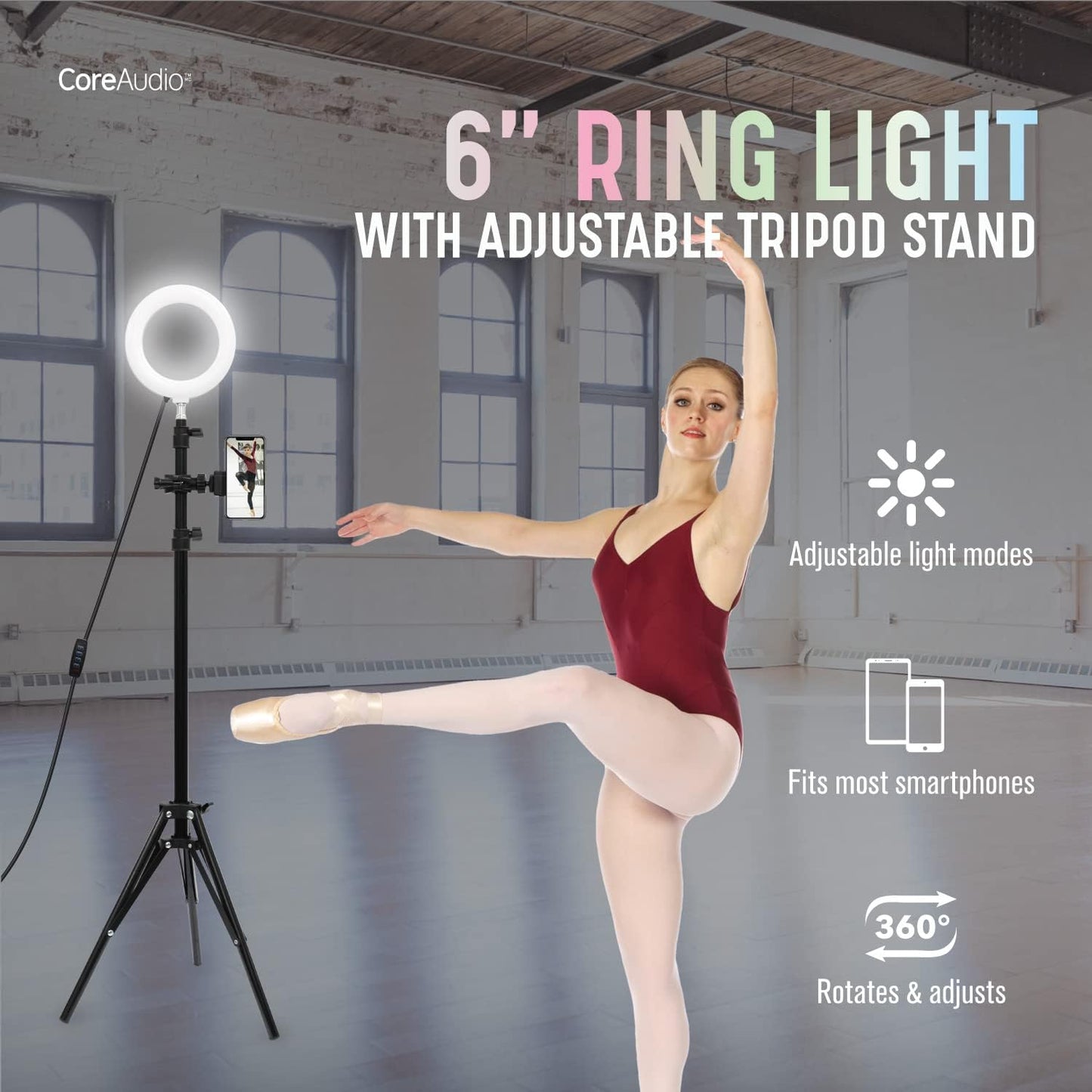 Coreaudio 6" Ring Light with Adjustable 5' Tripod Stand, LED Ring Selfie Light for Photography, Makeup, Vlogging, Photos, Video Recording, Tiktok, and Content Creator Essentials  iWorld LLC   