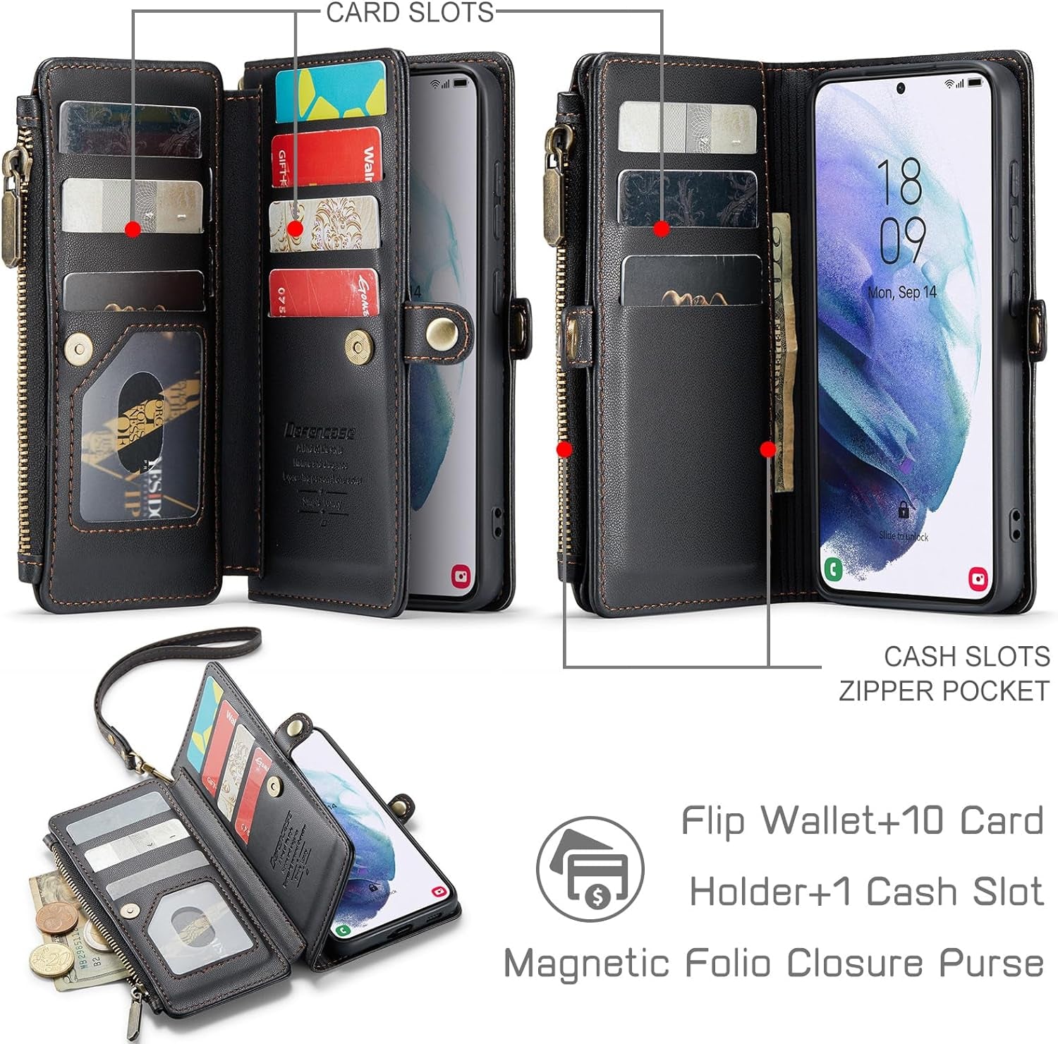 Defencase for Samsung Galaxy S21 Case, RFID Blocking Galaxy S21 Case Wallet for Women and Men with Card Holder, PU Leather Wrist Strap Zipper Pocket Magnetic Flip Phone Case for Samsung S21 5G, Black  Defencase   