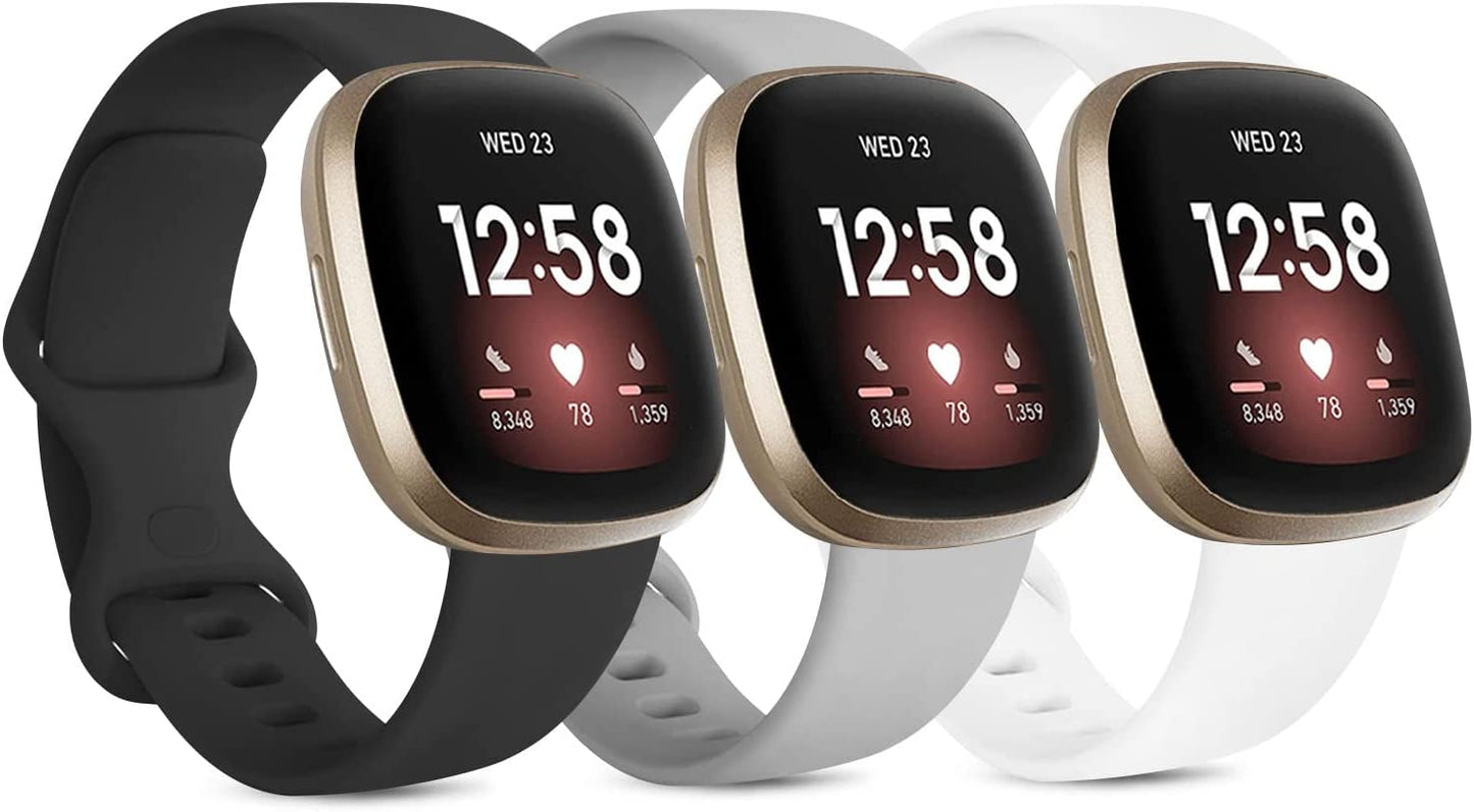 3 Pack Silicone Bands for Fitbit Sense Bands Fitbit Versa 3 Bands Women Men, Classic Soft Sport Bands Replacement Wristbands for Fitbit Sense/Versa 3 Smart Watch (Black/White/Gray, Large)  Amzpas Black/Gray/White Large 