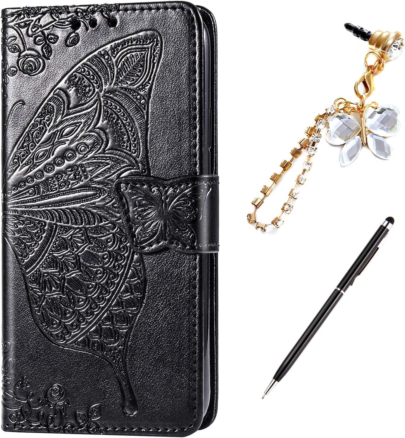 Case for LG G8 Thinq Cover,Embossing Mandala Butterfly Rose Vine Flip Folio Wallet Case PU Leather Stand Card Slots Protective Case Cover + Dust Plug Stylus for LG G8 Thinq Wallet Case,Black  ikasus   