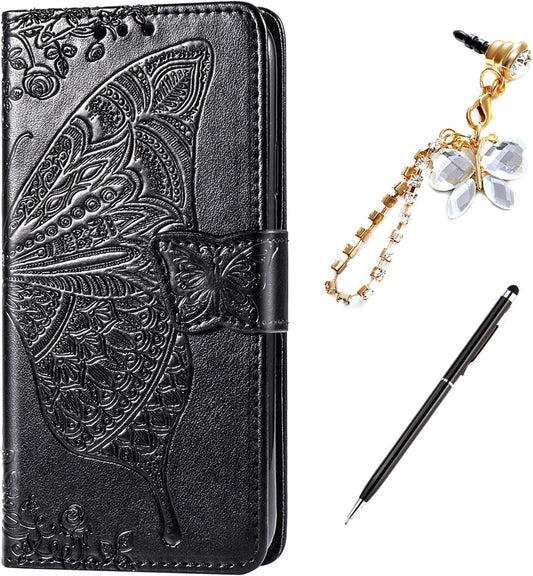 Case for LG G8 Thinq Cover,Embossing Mandala Butterfly Rose Vine Flip Folio Wallet Case PU Leather Stand Card Slots Protective Case Cover + Dust Plug Stylus for LG G8 Thinq Wallet Case,Black  ikasus   