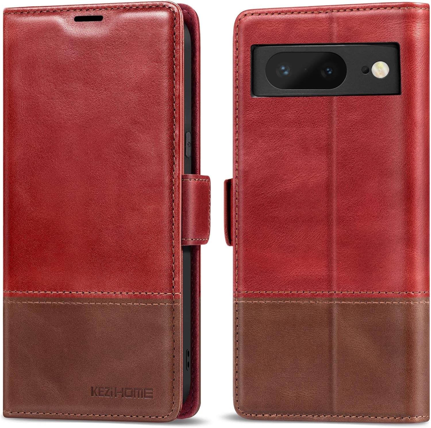 Kezihome Case for Google Pixel 8, Genuine Leather [RFID Blocking] Wallet Case with Card Holder Kickstand Flip Heavy Duty Protective Phone Cover for Google Pixel 8 5G (Black/Brown)  KEZiHOME Red/Brown  