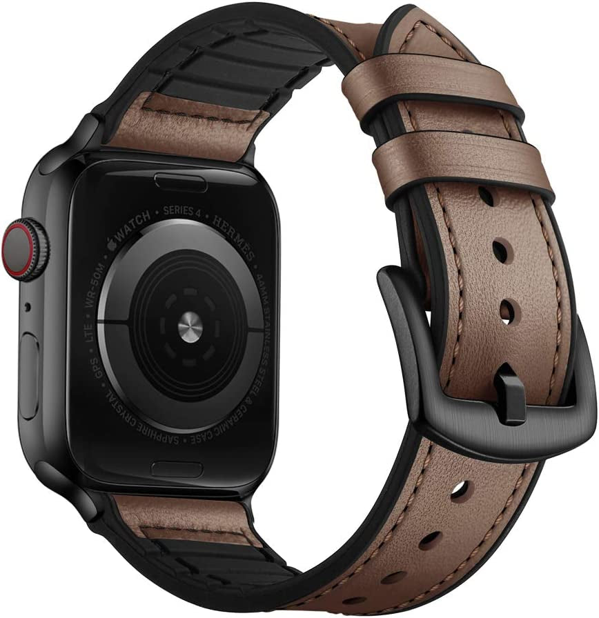 OUHENG Compatible with Apple Watch Band 49Mm 45Mm 44Mm 42Mm, Sweatproof Genuine Leather and Rubber Hybrid Band Strap for Iwatch Ultra Series 8 7 6 5 4 3 2 1 SE2 SE, Brown Band with Black Adapter  OUHENG Taupe/Black 49mm/45mm/44mm/42mm 