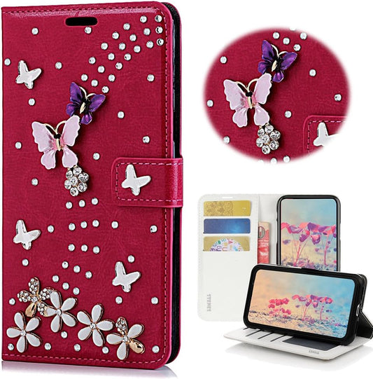 STENES LG G6 Case, LG G6 plus Case - STYLISH - 3D Handmade Bling Crystal S-Link Butterfly Floral Wallet Credit Card Slots Fold Stand Leather Cover Case for LG G6/LG G6 plus - Red  STENES   