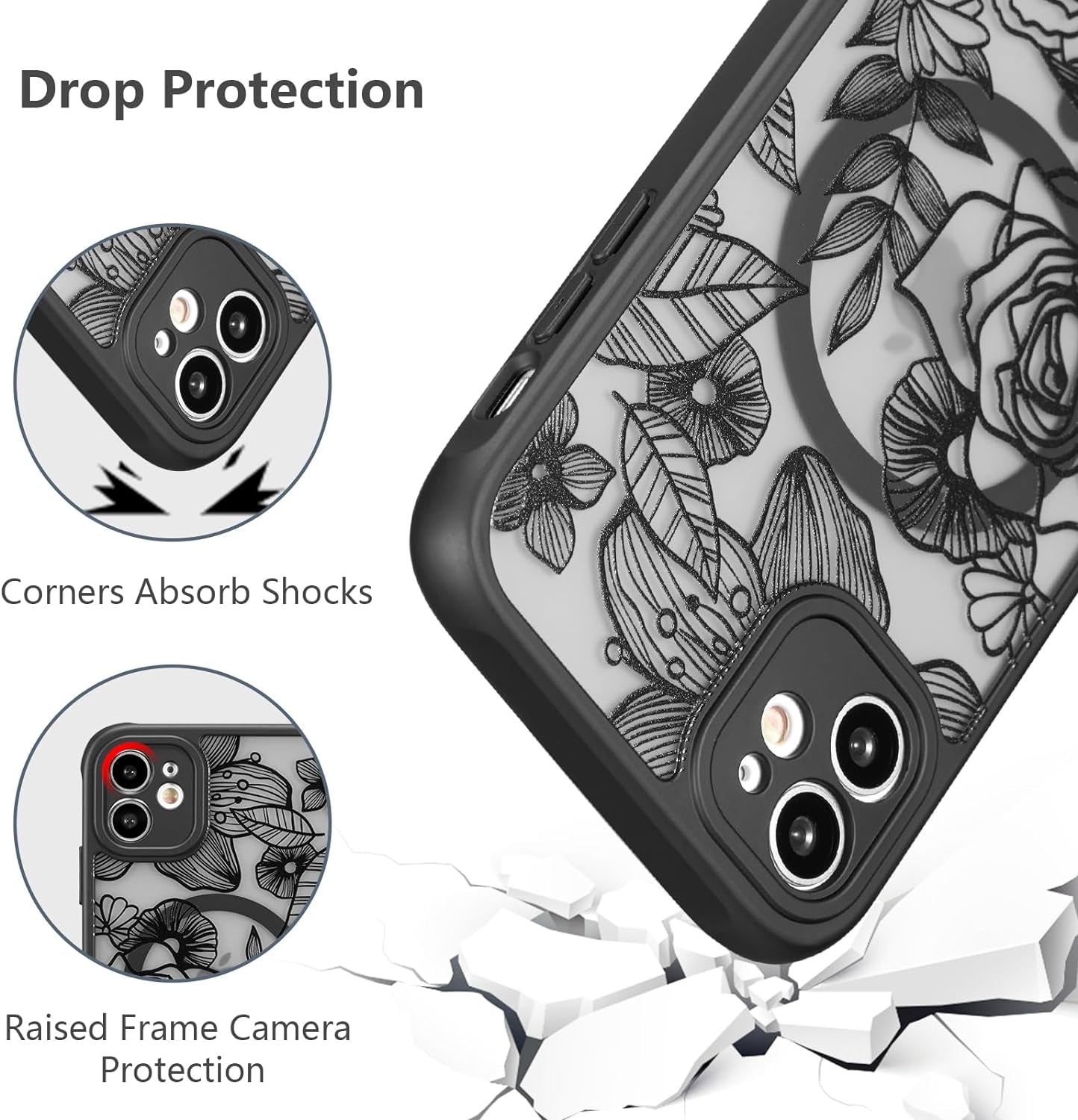 XIZYO Magnetic Case for Iphone 11 6.1 Inch Floral Rose Cute Phone Case [Compatible with Magsafe] for Women Girls Aesthetic Pattern Slim TPU Shockproof Bumper Case, Black  XIZYO   