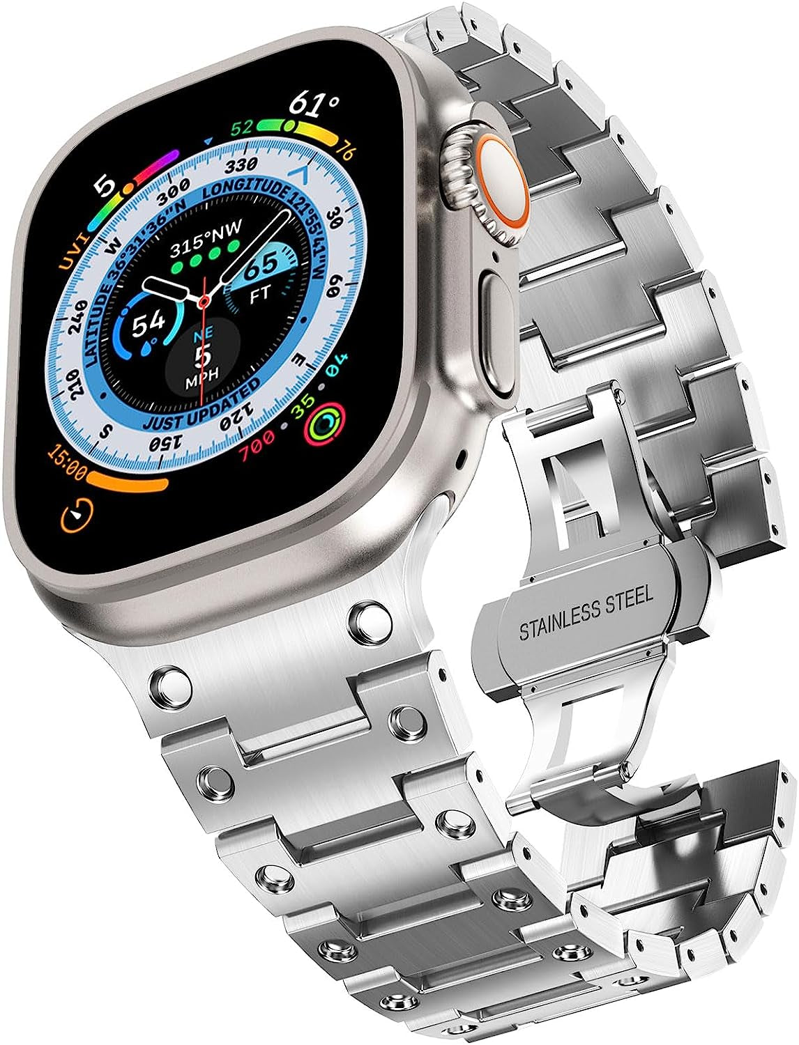 Fullife Compatible with Apple Watch Ultra Band 49Mm 45Mm 44Mm 42Mm Stainless Steel Metal Link with Butterfly Clasp for Men Women for Iwatch Series 8 Series 7 SE/6/5/4/3/2/1, Titanium  Fullife Silver Ultra 49mm/45mm/44mm/42mm 