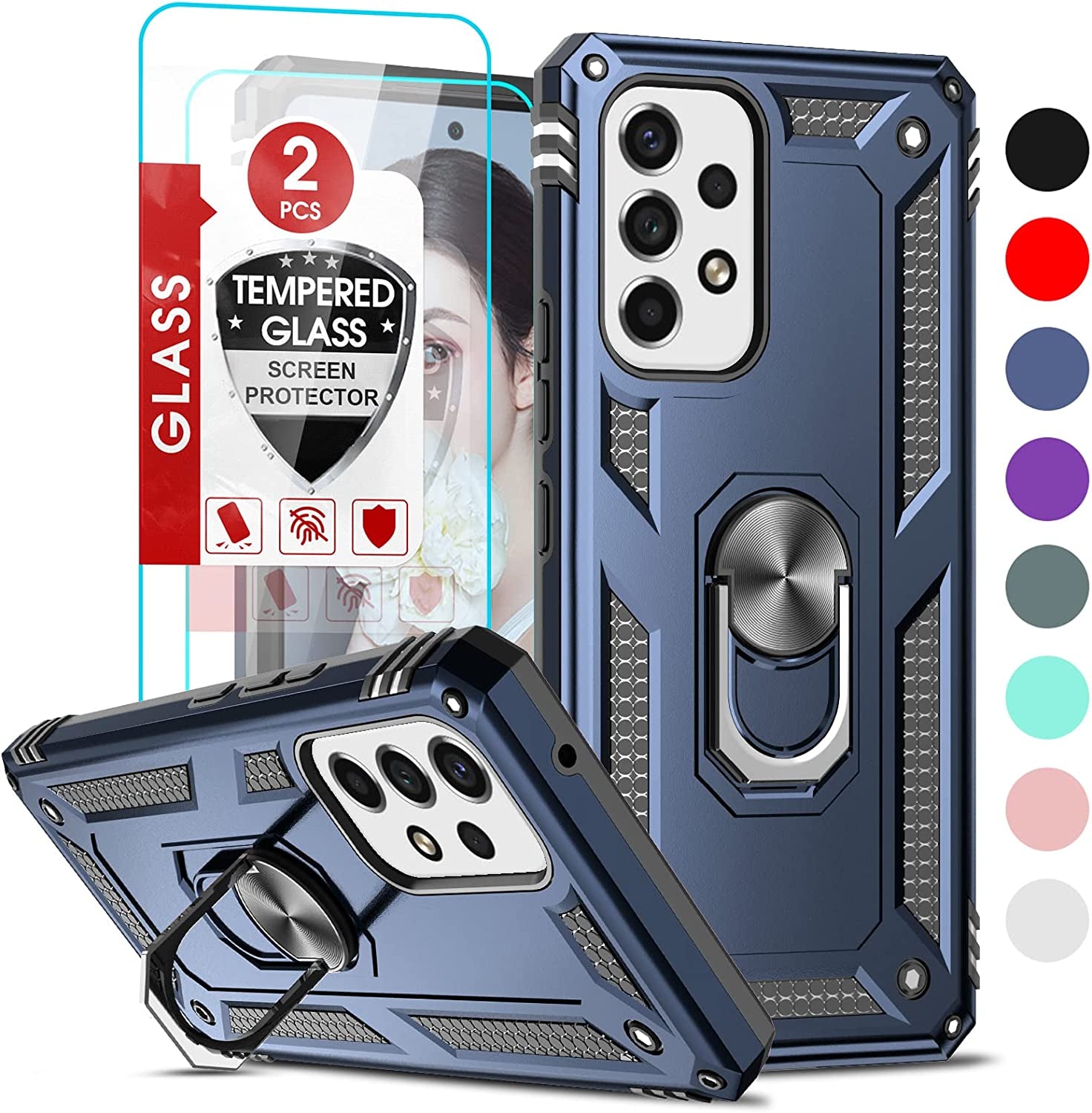 Leyi for Galaxy A53 5G Case with [2 Pack] Screen Protectors, A53 5G Case [Military-Grade] Shockproof Protective Case, Samsung Galaxy A53 Ring Kickstand Phone Cover Case for Samsung A53 5G, Black  LeYi Blue  