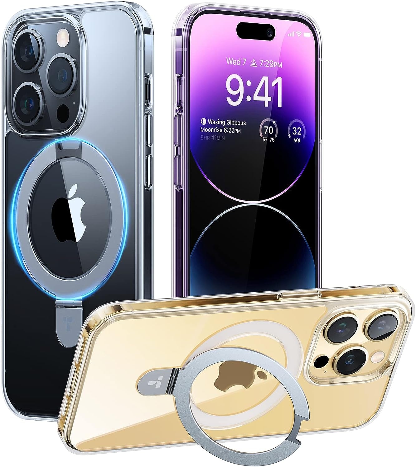 TORRAS Magnetic Shockproof for Iphone 14 Pro Case with Hidden Stand, [Exceed 3X Mil-Grade Drop Protection][Compatible with Magsafe] Slim Fit yet Protective Phone Grip Cover 6.1 Inch, Deep Purple  TORRAS C- Crystal Clear  