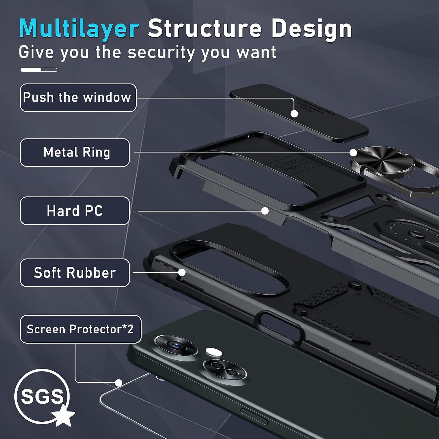 Janmitta Oneplus Nord N30 5G Case Built in Slide Camera Lens Cover+Screen Protector+Finger Ring Holder Kickstand,Heavy Duty Shockproof Full Body Protective Phone Cover,2023 Black  Janmitta   