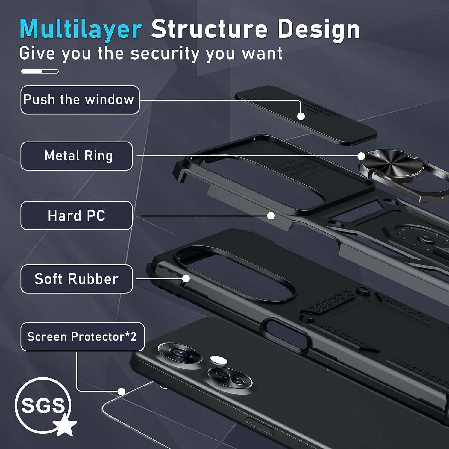 Janmitta Oneplus Nord N30 5G Case Built in Slide Camera Lens Cover+Screen Protector+Finger Ring Holder Kickstand,Heavy Duty Shockproof Full Body Protective Phone Cover,2023 Black  Janmitta   