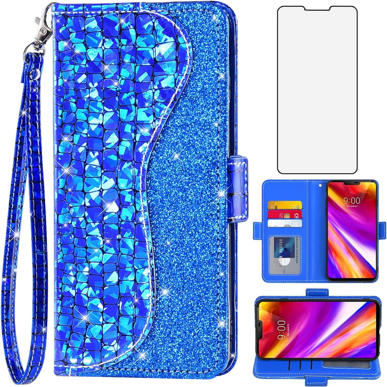 Asuwish Phone Case for LG G7 Thinq Wallet Cover with Screen Protector and Flip Card Holder Bling Glitter Cell LGG7 One G 7 plus LG7 Fit Lg7Thinq 7G Thin Q G7+ G7Thinq Lgg7Thinq Women Girls Silver  Asuwish Blue  
