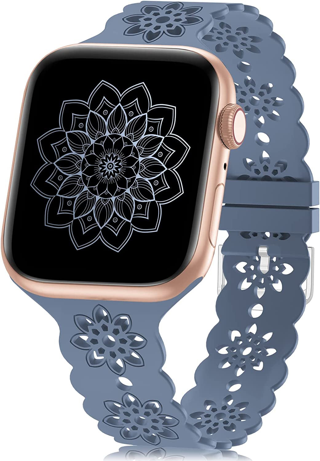 Floral Silicone Band Compatible with Apple Watch Bands 38Mm 40Mm 42Mm 44Mm 41Mm 45Mm 49Mm Women Men, Slim Hollow-Out Design Wristbands Soft Sport Breathable Watch Bands for Iwatch Ultra SE Series 8/7/6/5/4/3/2/1  Wewatri Blue 38mm/40mm/41mm 