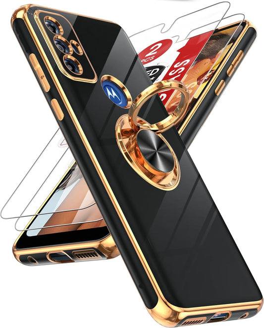 Leyi for Moto G Play 2023 Phone Case: with Tempered Glass Screen Protector [2 Pack] 360° Rotatable Ring Holder Magnetic Kickstand, Plating Rose Gold Edge Protective Case, Black  LeYi   